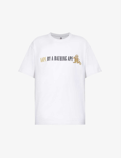 Shop Aape Brand-print Ribbed-trim Cotton-jersey T-shirt In White