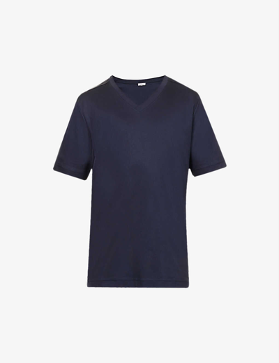 Shop Zimmerli Pure Comfort V-neck Cotton T-shirt In Navy