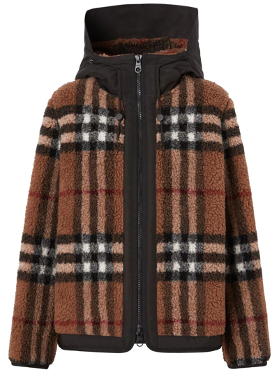 Shop Burberry Hooded Check Fleece Jacket In Brown