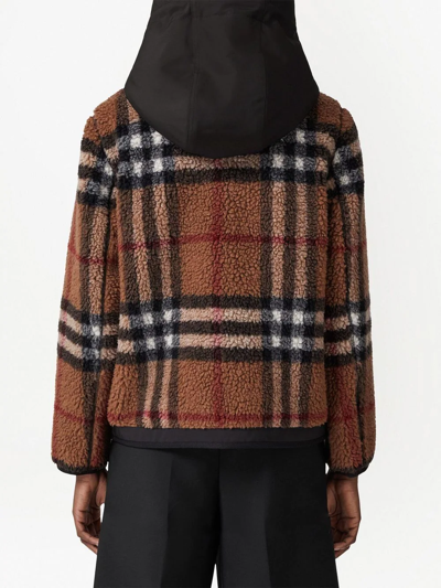 Shop Burberry Hooded Check Fleece Jacket In Brown
