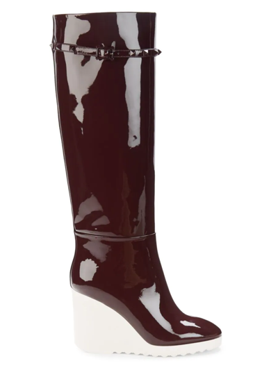 Shop Valentino Women's Patent Leather Wedge Tall Boots In Red
