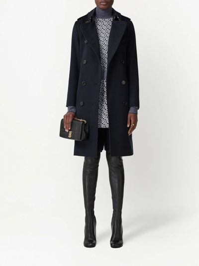Burberry Kensington Double Breasted Cashmere Trench Coat In Blue