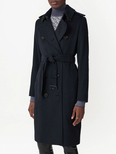 Burberry Kensington Double Breasted Cashmere Trench Coat In Blue