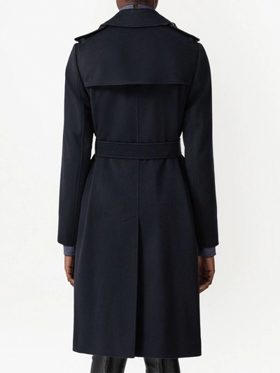 Burberry Kensington Double Breasted Cashmere Trench Coat In Blue