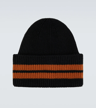 Zegna Black Striped Wool Beanie In Blk Sld