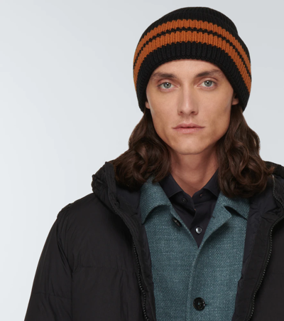Zegna Black Striped Wool Beanie In Blk Sld