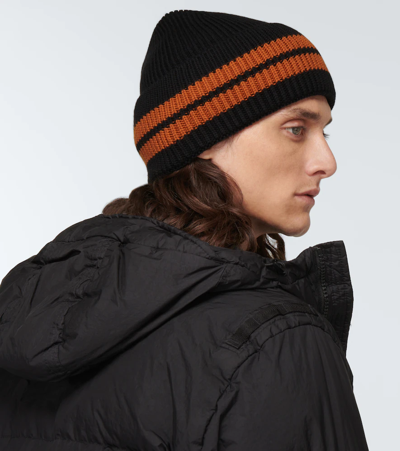 Zegna Black Striped Wool Beanie In Blk Sld