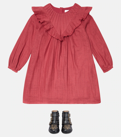 Shop Chloé Kids Ruffled Piped Cotton Dress In Red
