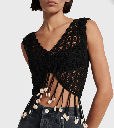 Shop Anna Kosturova Fringed Crochet Crop Top In Black