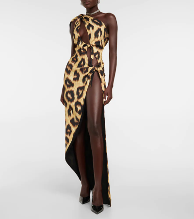 Shop Attico Leopard-print Cutout Maxi Dress In Black/brown