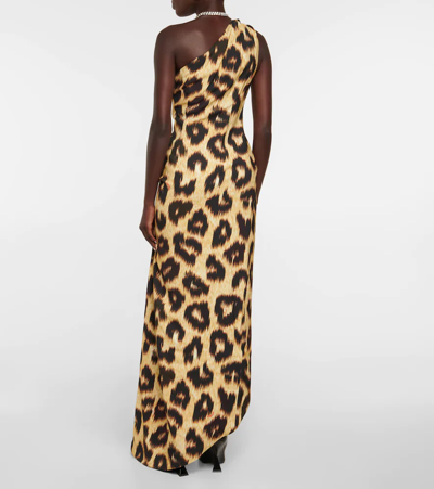 Attico Abito Animal Print One-shoulder Midi Dress In Black/brown