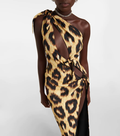 Attico Abito Animal Print One-shoulder Midi Dress In Black/brown