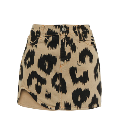 Shop Attico Leopard-print Denim Miniskirt In Black/brown