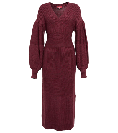 Shop Staud Balloon-sleeve Ribbed-knit Sweater Dress In Merlot