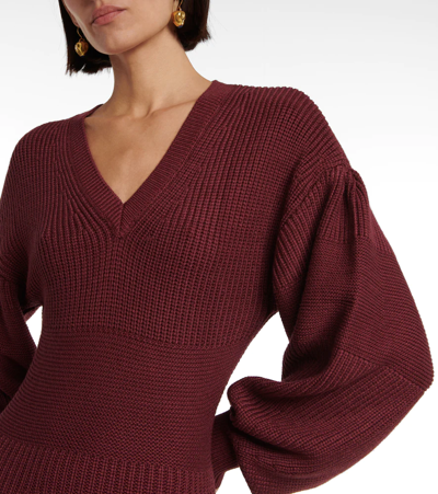 Shop Staud Balloon-sleeve Ribbed-knit Sweater Dress In Merlot