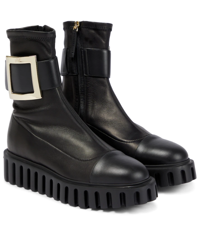 Shop Roger Vivier Viv' Go-thick Leather Platform Ankle Boots In Nero