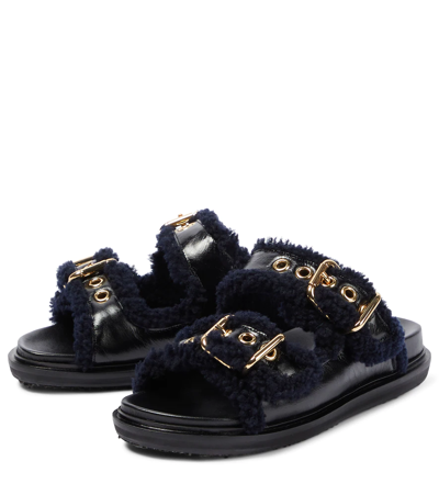 Shop Marni Fussbett Leather And Shearling Sandals In Black/blublack