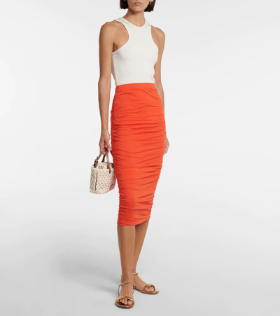 Shop Velvet Lisa Ruched Jersey Midi Skirt In Heat