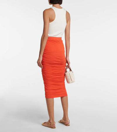 Shop Velvet Lisa Ruched Jersey Midi Skirt In Heat