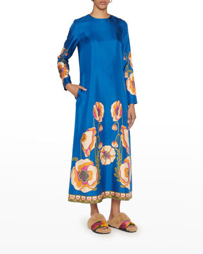Shop La Doublej Floral Printed Silk Long Sleeve Maxi Dress In Poppies Blue Plac
