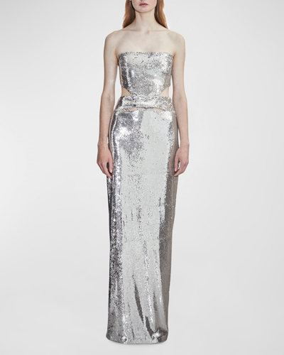 Shop Et Ochs Ava Strapless Sequined Cutout Column Gown In Silver/nude