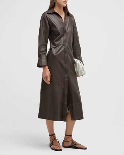 Shop Vince Button-front Leather Midi Shirtdress In Hickory
