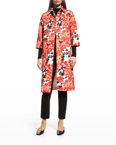 Shop Frances Valentine Floral Balmacaan Button-front Jacket In Red/oyster