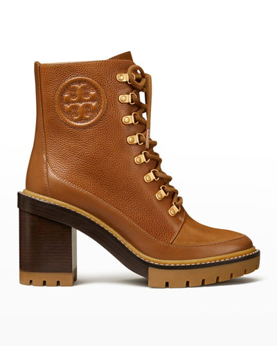 Shop Tory Burch Miller Mixed Leather Lug-sole Combat Booties In Toasted Caramel