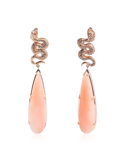 Shop Bernard Delettrez Designer Earrings Gold Earrings With Snakes And Pink Opale In Rose