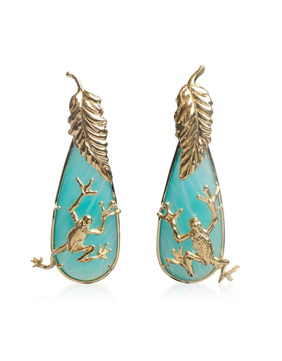 Shop Bernard Delettrez Designer Earrings Gold Frog Earrings With Feathers And Drop Amazonite In Doré