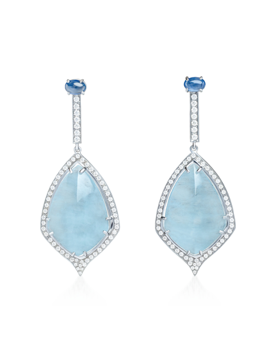 Shop Bernard Delettrez Designer Earrings Gold Earrings With Aquamarines, Sapphires And Diamonds In Bleu