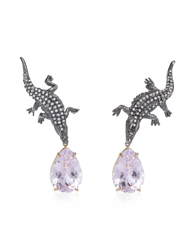 Shop Bernard Delettrez Designer Earrings Gold Crocodile Earrings With Grey Diamonds And Kunzite In Rose