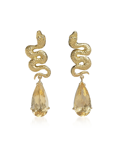 Shop Bernard Delettrez Designer Earrings Gold Earrings With Snakes And Drop Yellow Beryls In Jaune