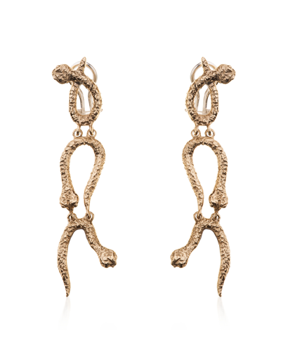 Shop Bernard Delettrez Designer Earrings Curved Snakes Gold Plated Earrings In Doré