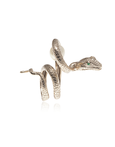 Shop Bernard Delettrez Designer Rings Arched Snake Bronze Ring W/ Pearl In Doré