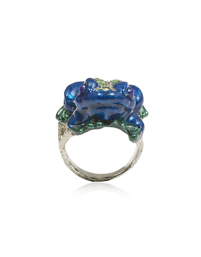 Shop Bernard Delettrez Designer Rings Silver Froggy Ring W/ Pavé Tsavorites And Blue Enamel In Bleu