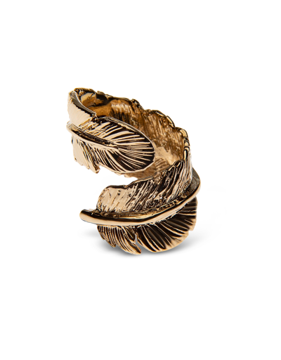Shop Bernard Delettrez Designer Rings Maxi Feather Gold Plated Ring In Doré