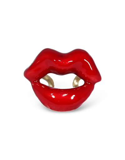 Shop Bernard Delettrez Designer Rings Gold Plated Lips Ring With Red Enamel In Rouge