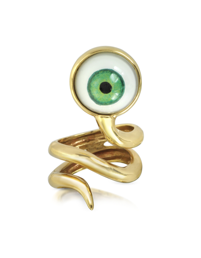 Shop Bernard Delettrez Designer Rings Bronze Snake Ring With Eye In Vert