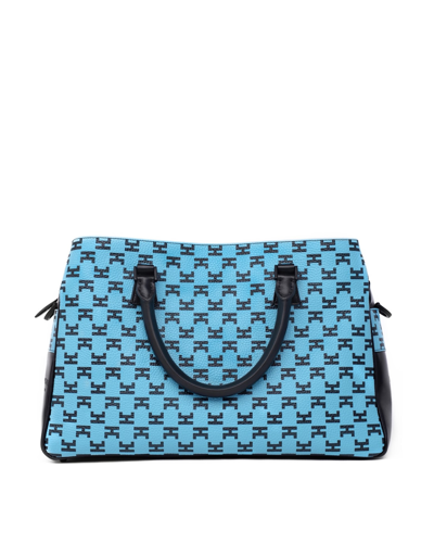 Shop Hemcael Designer Handbags Enigme Blue/black Calfskin Leather Top Handle Bag In Bleu