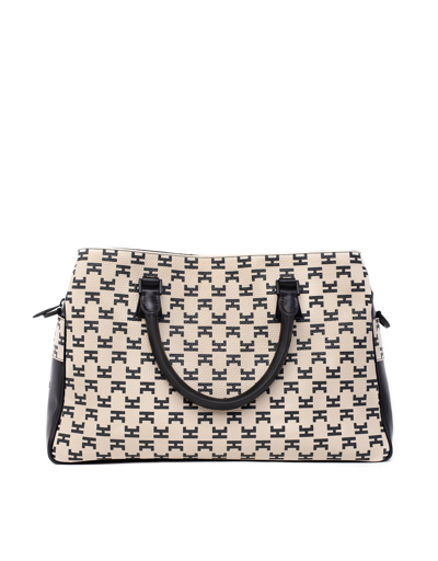 Shop Hemcael Designer Handbags Enigme Beige/black Calfskin Leather Top Handle Bag