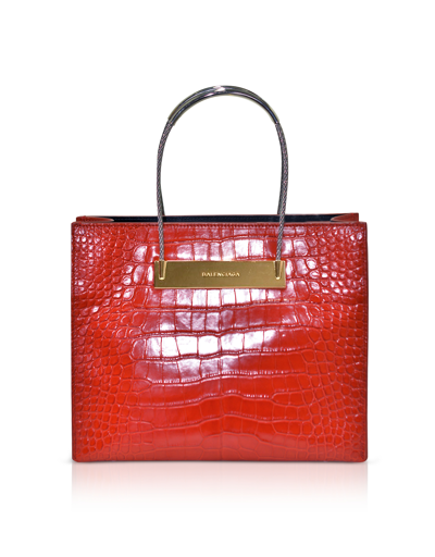 Shop Balenciaga Designer Handbags Deep Red Alligator Leather Cable Small Shopping Bag In Rouge