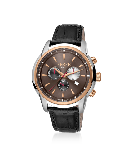 Shop Ferre Milano Designer Men's Watches Brown Dial Stainless Steel Quartz Men's Watch W/croco Embossed Leather Strap In Marron