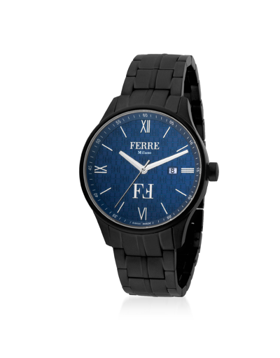 Shop Ferre Milano Designer Men's Watches Blue Dial And Black Stainless Steel Quartz Men's Watch In Noir