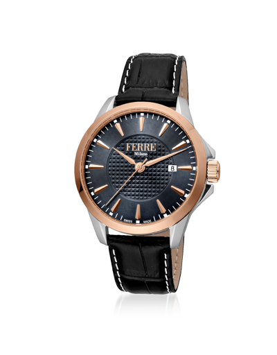 Shop Ferre Milano Designer Men's Watches Dark Gray Dial Stainless Steel Men's Watch W/croco Embossed Leather Strap In Noir