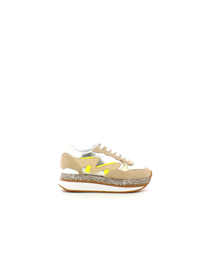 Shop Manila Grace Shoes Beige Suede And Silver Leather Flatform Running Sneakers In White