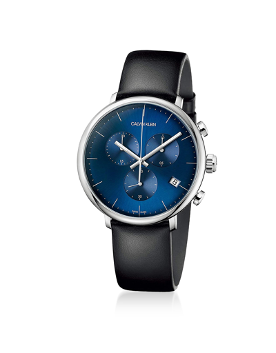 Shop Calvin Klein Collection Designer Men's Watches High Noon Men's Stainless Steel & Leather Chronograph Watch W/blue Dial In Bleu