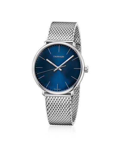 Shop Calvin Klein Collection Designer Men's Watches High Noon Men's Stainless Steel Quartz Watch W/blue Dial And Milano Mesh Stra In Argenté