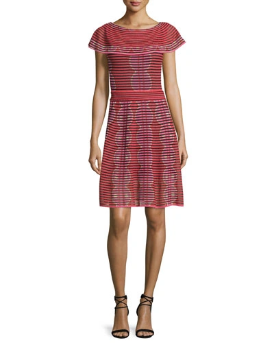 M Missoni Cap-sleeve Scallop-striped Dress, Red