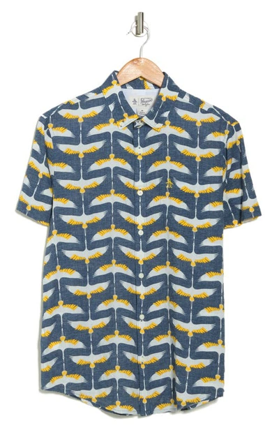 Original Penguin Bird Print Poplin Short Sleeve Shirt In Bering Sea